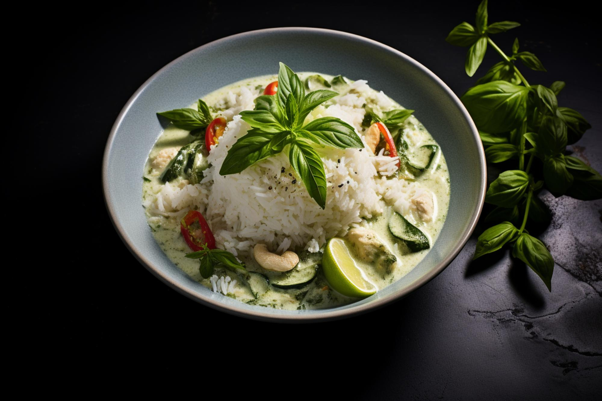 Coconut rice bowl with aubergine, sweet potato, corn and greens